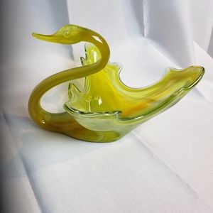 Vintage Yellow Swirl Blown Glass Swan Dish
